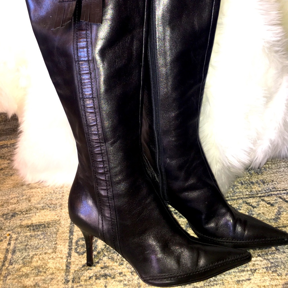 CHANEL BLACK LAMBSKIN LEATHER KNEE BOOTS